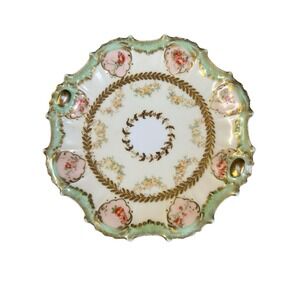 LIMOGES FRANCE Porcelain Plate 8.5" Pink Green Floral Ribbon Hand Painted Gold